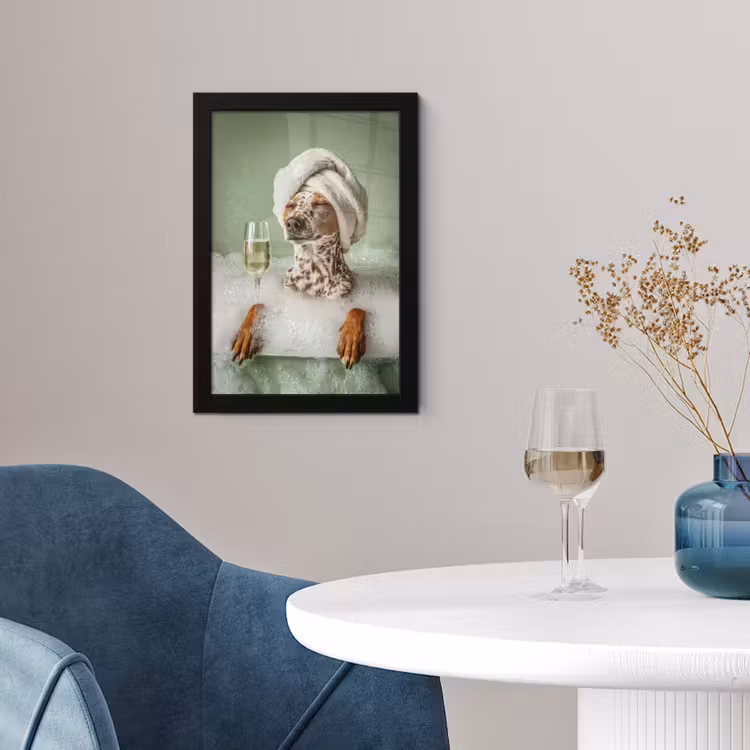 Hond - Bad - Champagne - Handdoek fotolijst zwart zonder passe partout klein -sfeer4