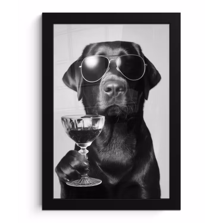 Hond - Zwart - Wijnglas - Zonnebril fotolijst zwart zonder passe partout klein -3d