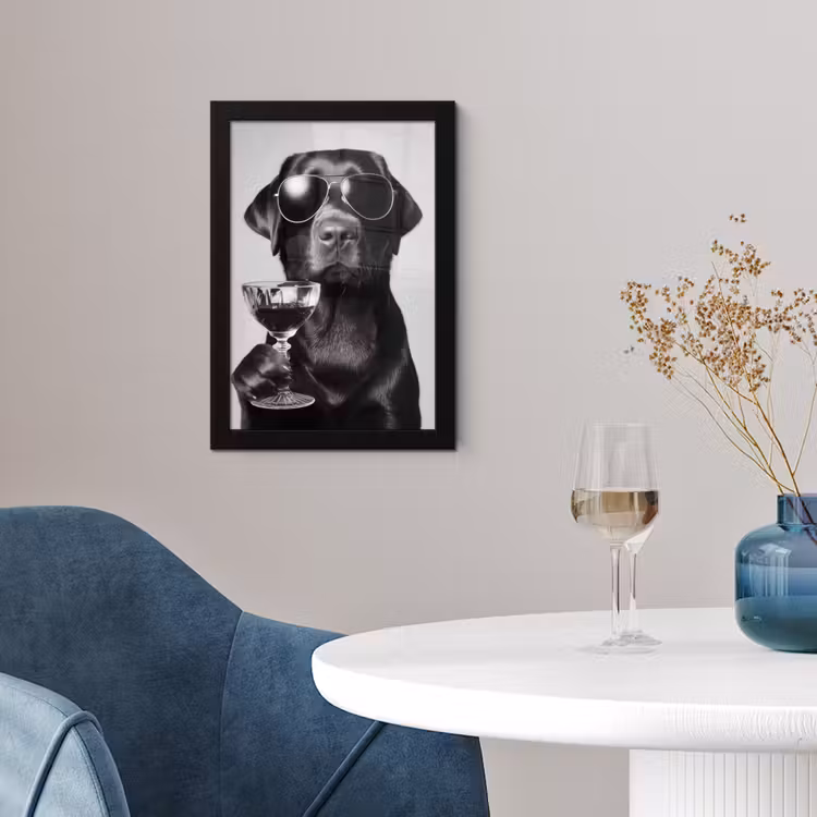 Hond - Zwart - Wijnglas - Zonnebril fotolijst zwart zonder passe partout klein -sfeer4