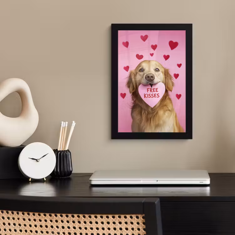 Hond - Kiss- Valentijn - Hartjes fotolijst zwart zonder passe partout klein -sfeer1