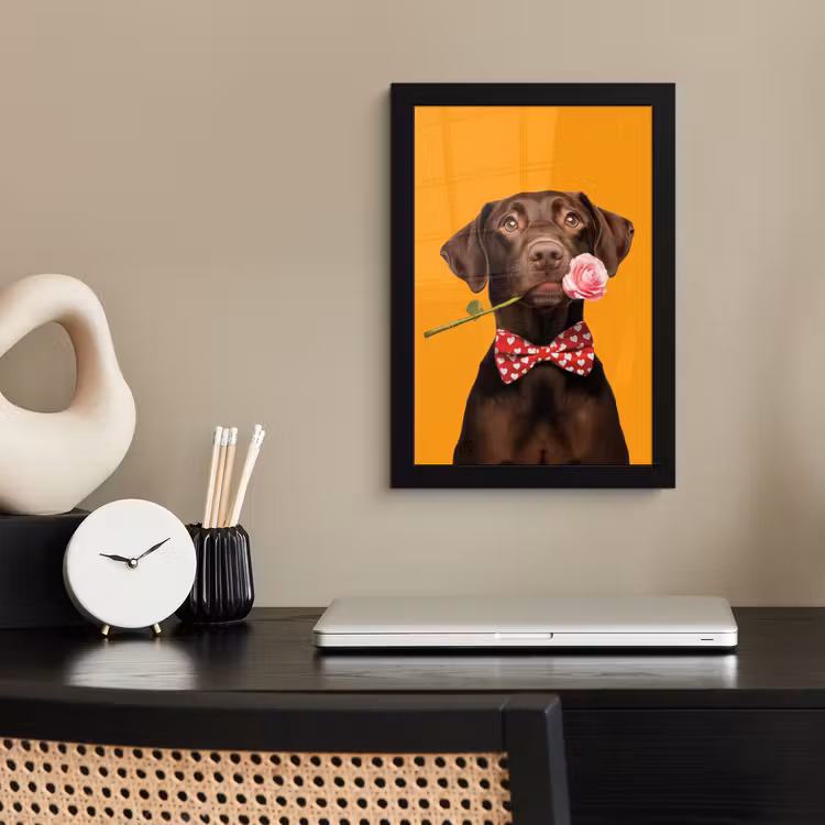 Hond - Oranje - Roos - Valentijn fotolijst zwart zonder passe partout klein -sfeer1