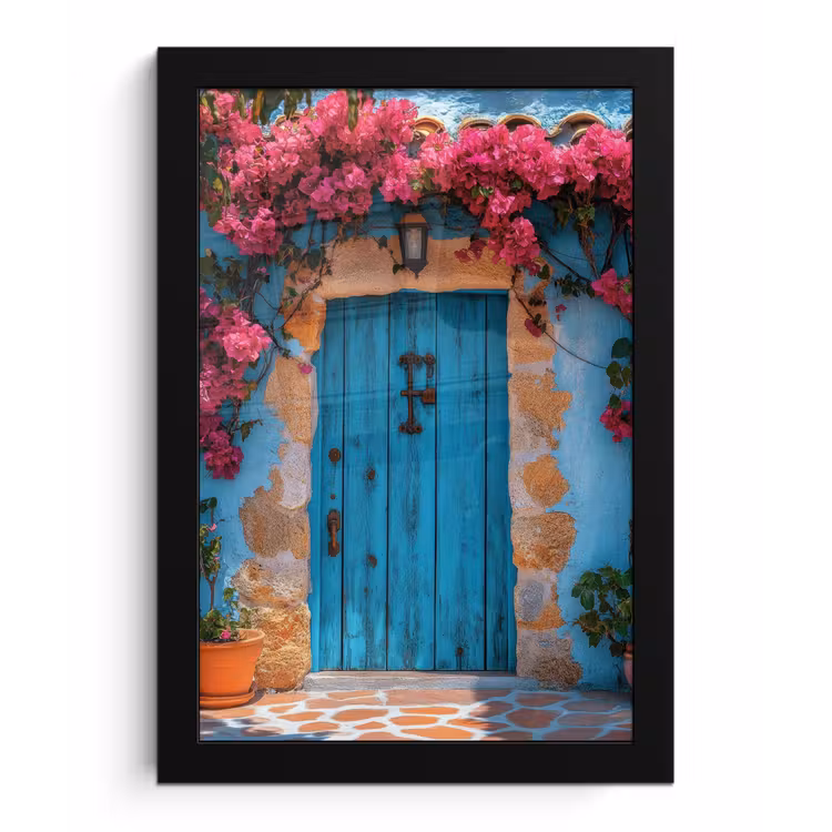 Deur - Hout - Bloemen - Blauw fotolijst zwart zonder passe partout klein -3d