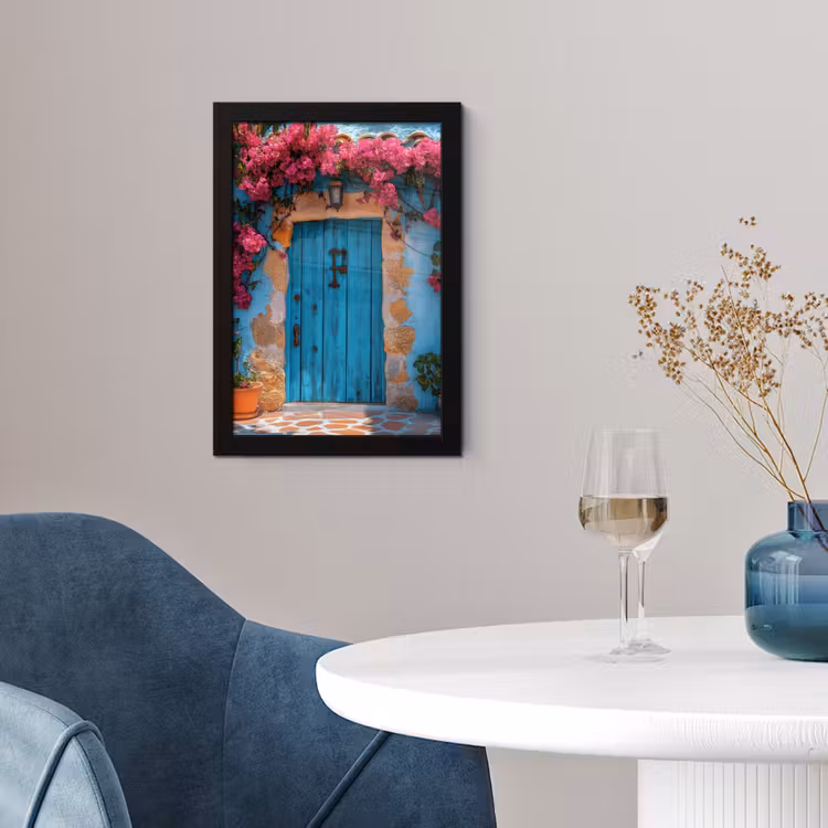 Deur - Hout - Bloemen - Blauw fotolijst zwart zonder passe partout klein -sfeer4