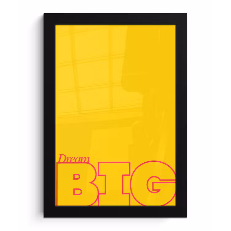 Dream big - Geel - Grafisch fotolijst zwart zonder passe partout klein -3d