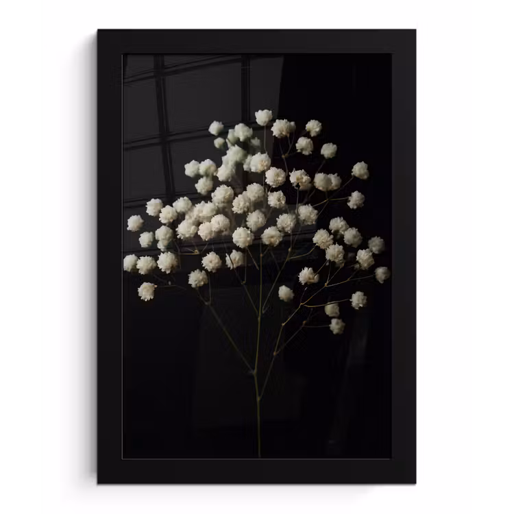 Gipskruid - Bloemetjes - Wit - Minimalistisch fotolijst zwart zonder passe partout klein -3d