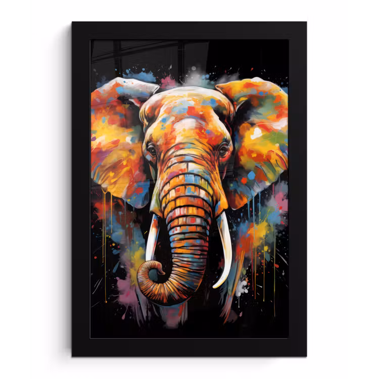 Olifant - Graffiti - Zwart - Dieren - Kleuren fotolijst zwart zonder passe partout klein -3d