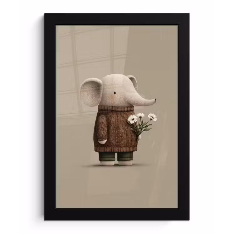 Olifant - Witte bloemen - Kindvriendelijk fotolijst zwart zonder passe partout klein -3d