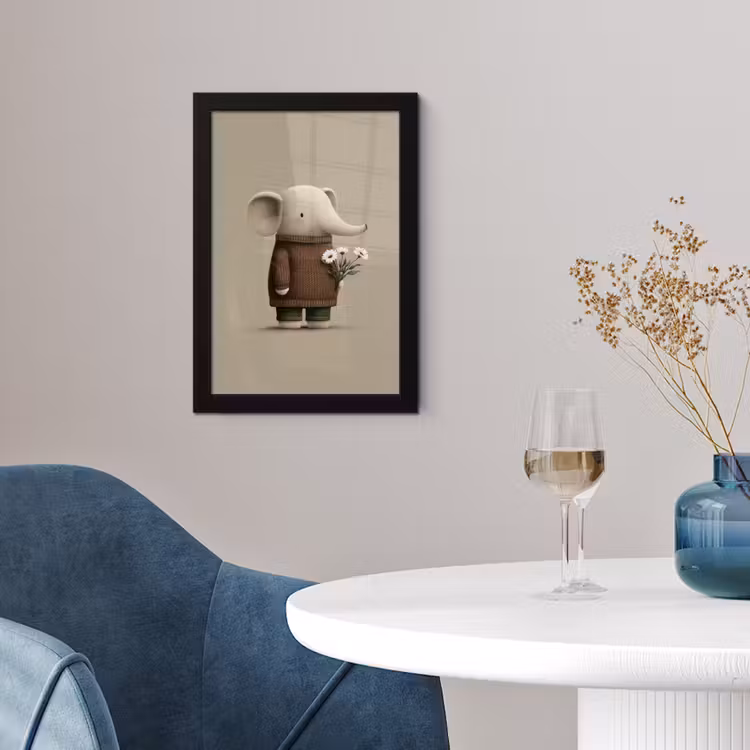 Olifant - Witte bloemen - Kindvriendelijk fotolijst zwart zonder passe partout klein -sfeer4