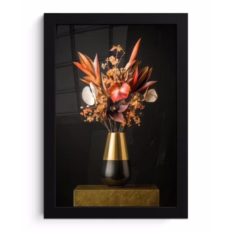 Exotisch - Boeket - Vaas - Goud fotolijst zwart zonder passe partout klein -3d