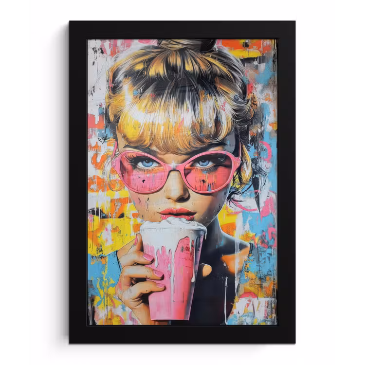 Expressief - Milkshake - Vrouw - Felle kleuren fotolijst zwart zonder passe partout klein -3d