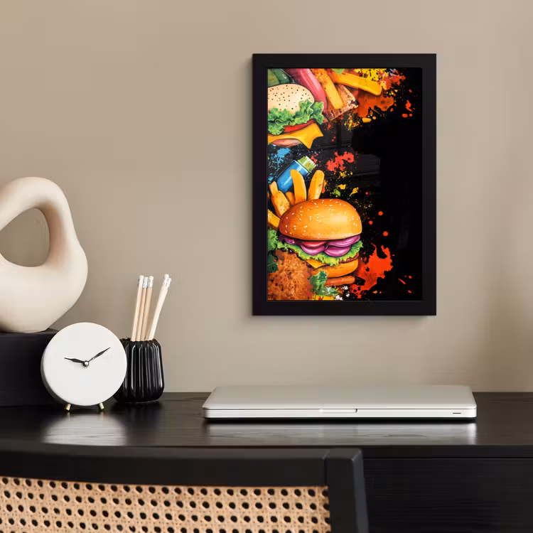 Fastfood - Graffiti - Hamburger - Eten - Modern fotolijst zwart zonder passe partout klein -sfeer1