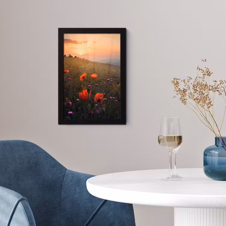 Bloemenveld - Gras - Bloemen - Planten - Zonsondergang - Oranje fotolijst zwart zonder passe partout klein -sfeer4