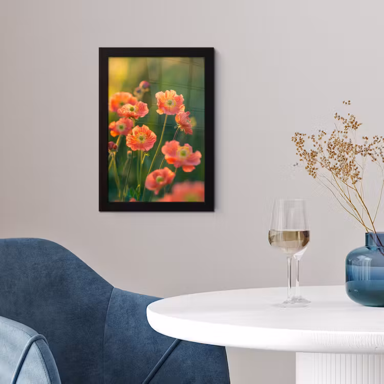 Bloemenveld - Zonnestralen - Oranje fotolijst zwart zonder passe partout klein -sfeer4
