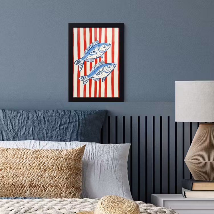 Vissen - Verticale strepen - Blauw - Rood fotolijst zwart zonder passe partout klein -sfeer3
