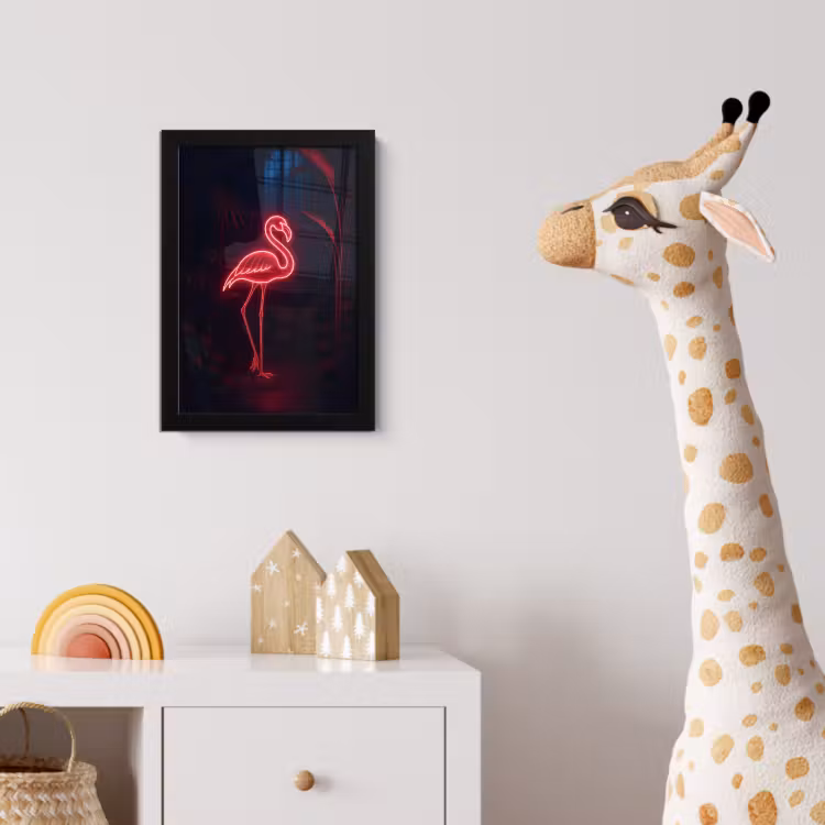 Flamingo - Roze - Neon - Licht fotolijst zwart zonder passe partout klein -usfeer4_kinderkamer