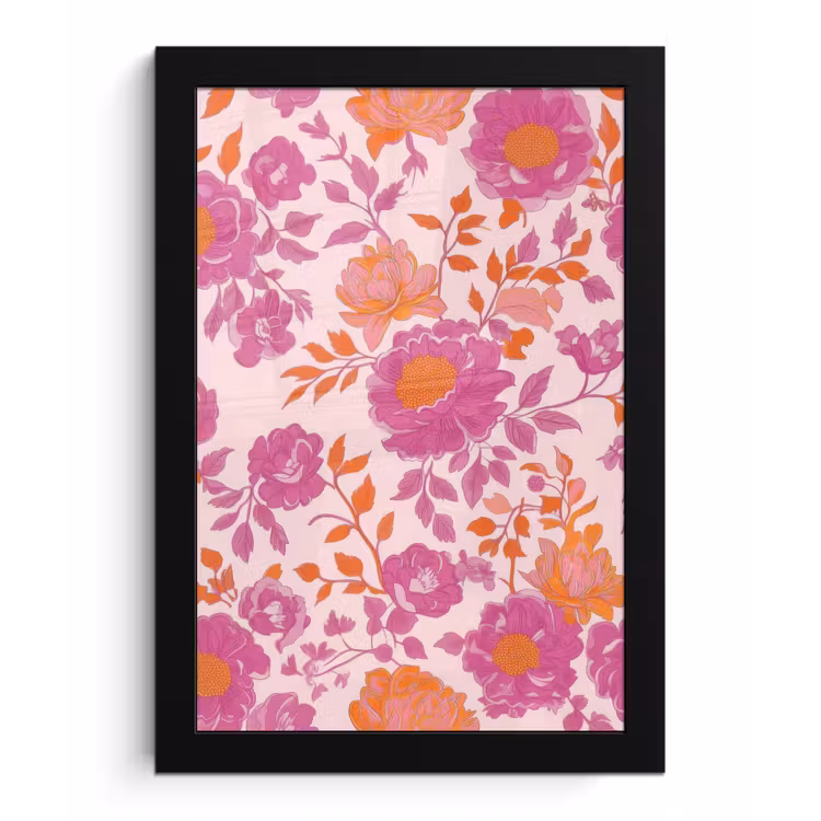 Bloemenpatroon - Roze - Oranje - Bloemen fotolijst zwart zonder passe partout klein -3d