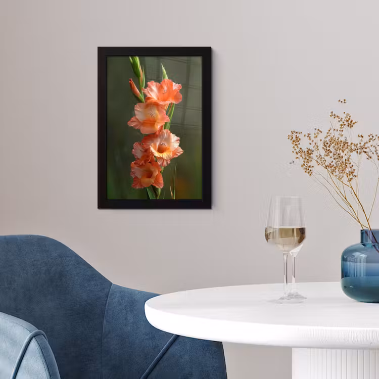 Bloem - Gladiolen - Zalmroze fotolijst zwart zonder passe partout klein -sfeer4