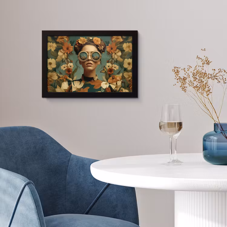 Bloemenkrans - Vrouwengezicht - Zonnebril - Oranje fotolijst zwart zonder passe partout klein -sfeer4