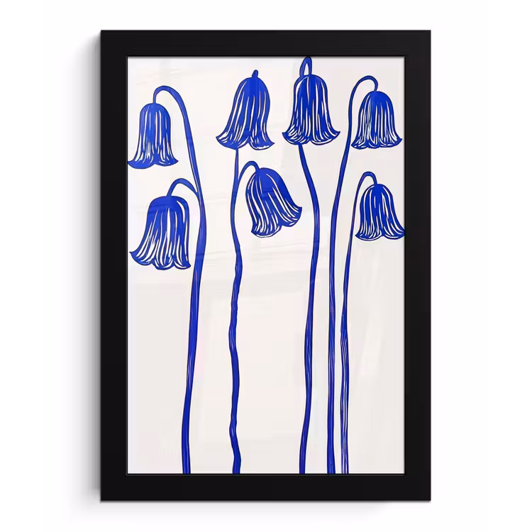 Bloemen - Blauw - Lijnen - Bloemblaadjes fotolijst zwart zonder passe partout klein -3d