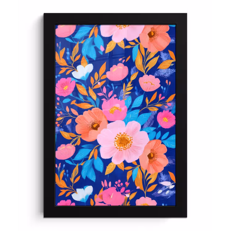 Bloemen - Blauw - Roze fotolijst zwart zonder passe partout klein -3d
