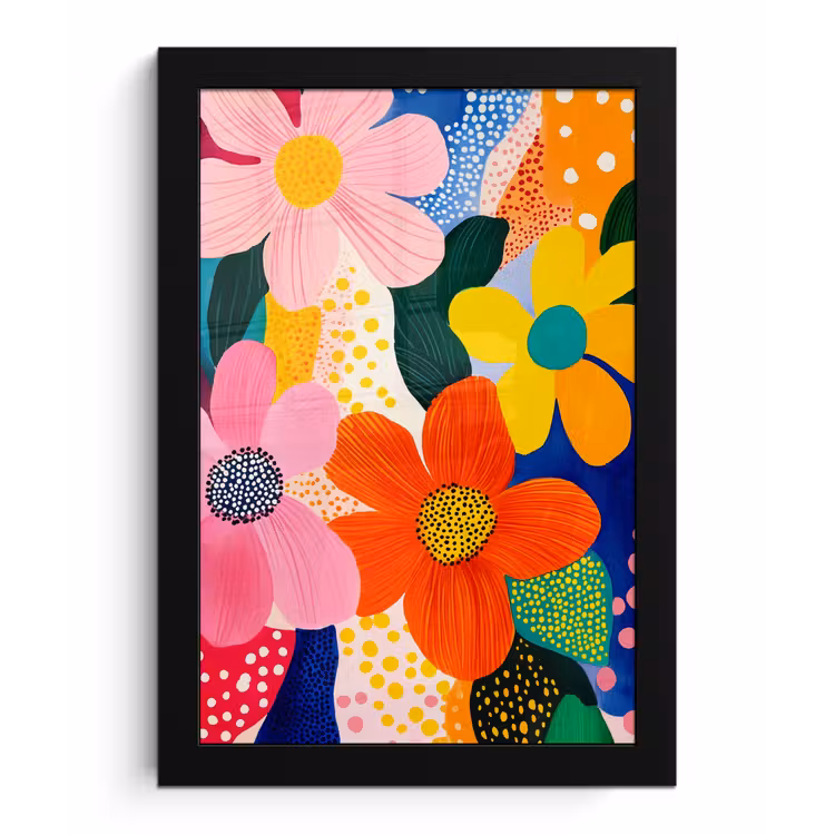Bloemen - Kleurrijk - Stippen fotolijst zwart zonder passe partout klein -3d