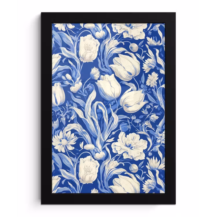 Bloemen - Delfts Blauw - Patroon - Tulp fotolijst zwart zonder passe partout klein -3d