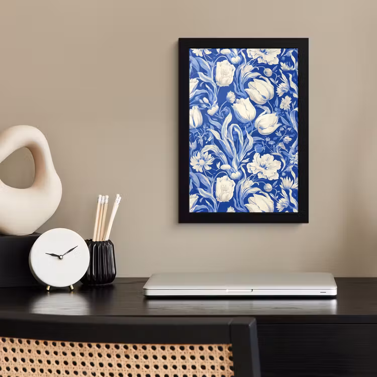 Bloemen - Delfts Blauw - Patroon - Tulp fotolijst zwart zonder passe partout klein -sfeer1