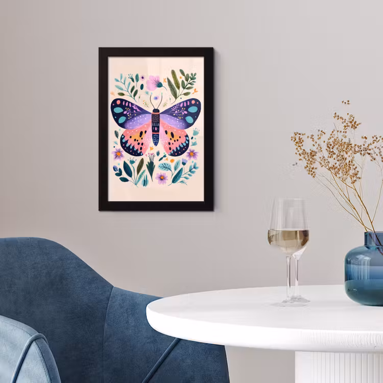Bloemen - Bladeren - Vlinder - Kleurrijk fotolijst zwart zonder passe partout klein -sfeer4