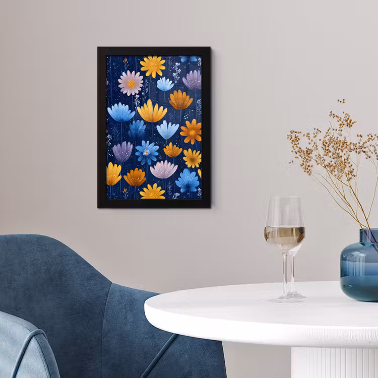 Bloemen - Patroon - Blauw - Contrast fotolijst zwart zonder passe partout klein -sfeer4