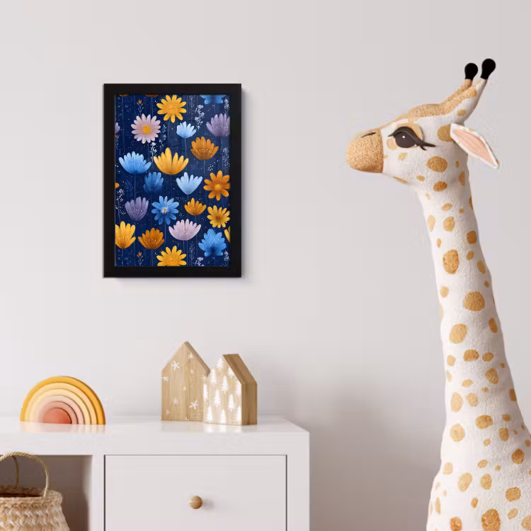 Bloemen - Patroon - Blauw - Contrast fotolijst zwart zonder passe partout klein -usfeer4_kinderkamer