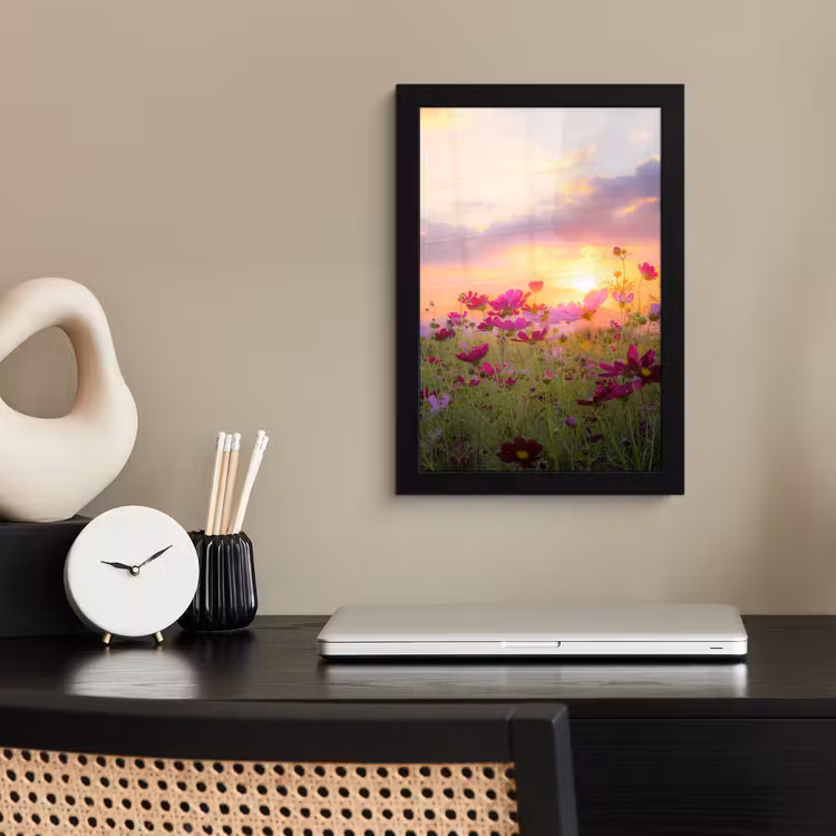 Bloemen - Roze - Zonsondergang - Natuur - Weide - Horizon fotolijst zwart zonder passe partout klein -sfeer1