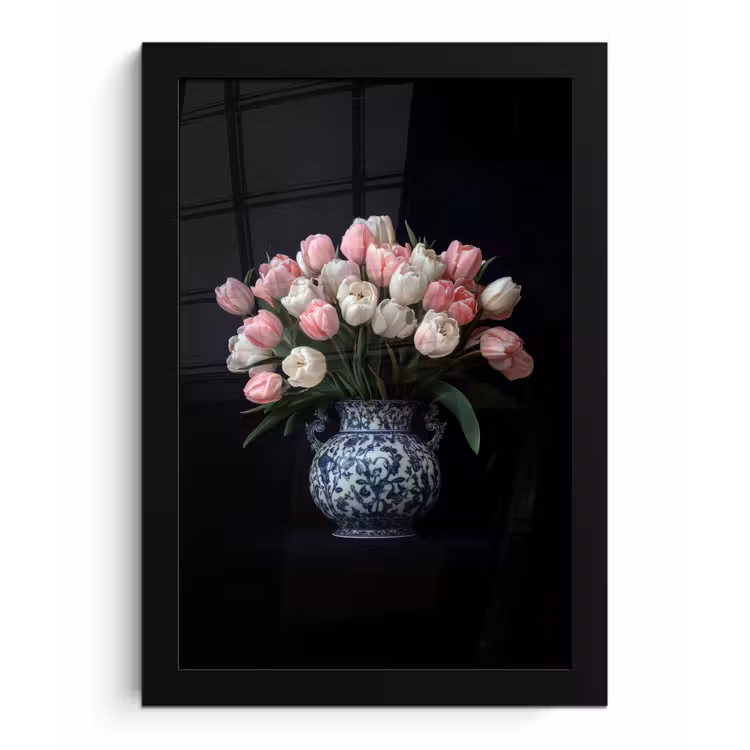 Bloemen - Roze - Tulpen - Vaas fotolijst zwart zonder passe partout klein -3d