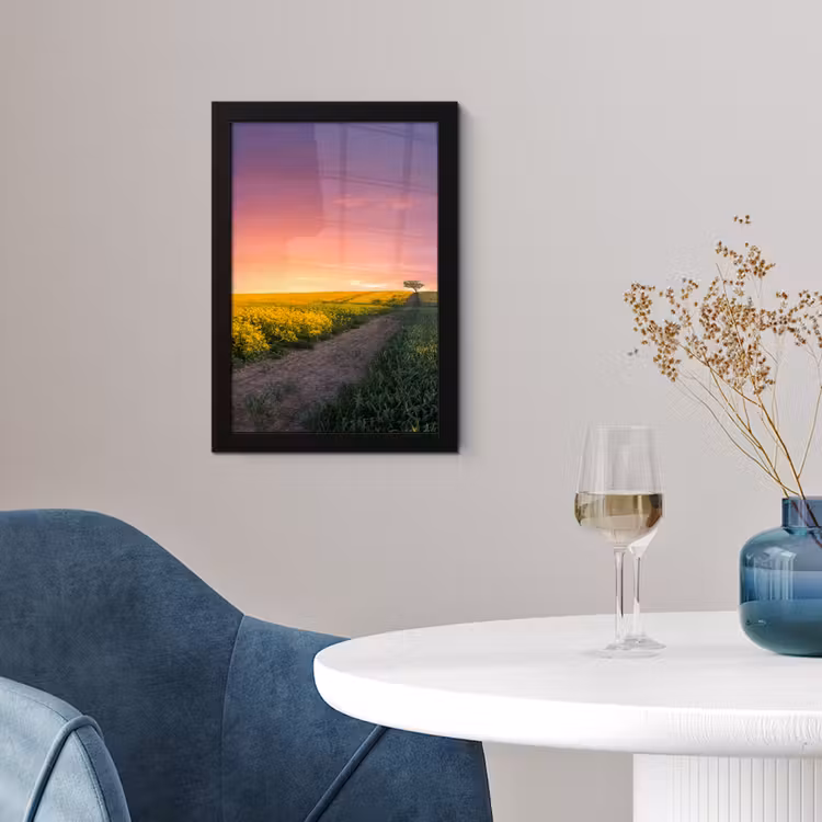 Bloemen - Weg - Lucht - Geel - Paars - Zonsondergang - Natuur fotolijst zwart zonder passe partout klein -sfeer4