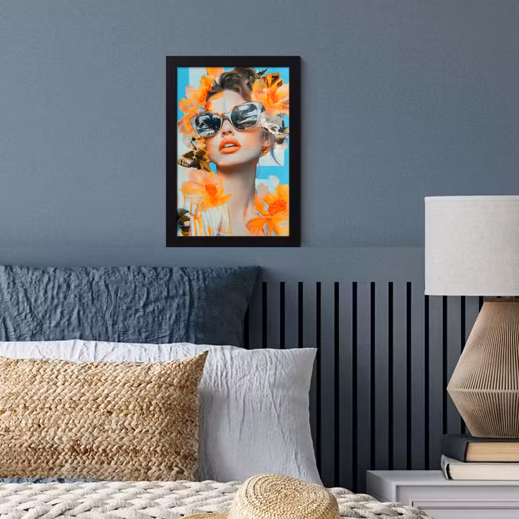 Bloemen - Vrouw - Zonnebril - Blauw fotolijst zwart zonder passe partout klein -sfeer3