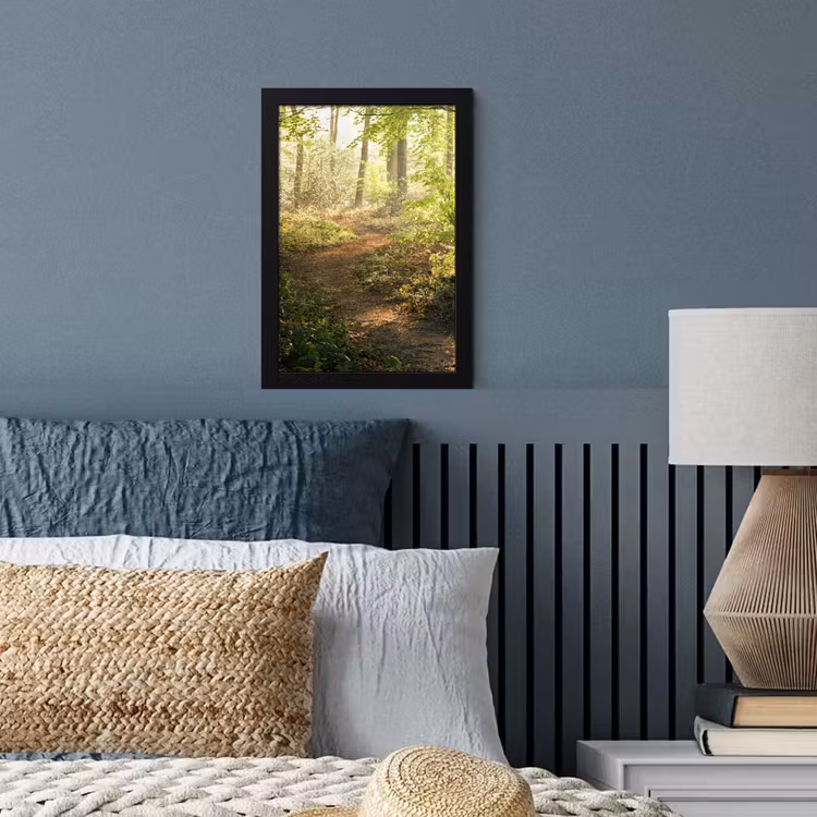 Bos - Bomen - Pad - Zon - Planten - Bladeren - Natuur fotolijst zwart zonder passe partout klein -sfeer3