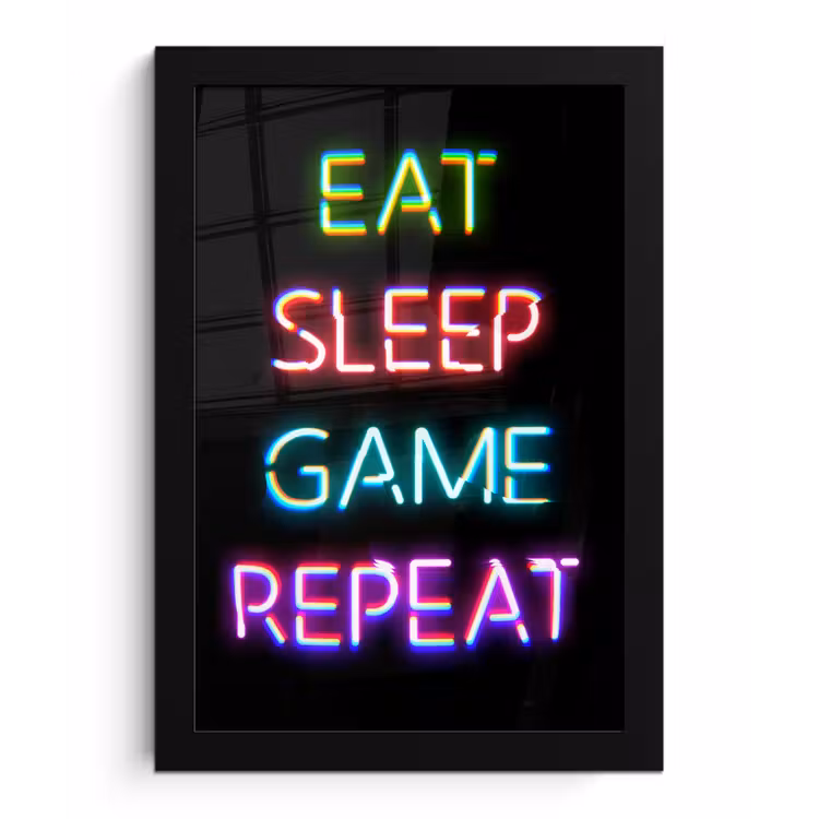 Gaming - Led - Quote - Eat sleep game repeat - Gamen fotolijst zwart zonder passe partout klein -3d