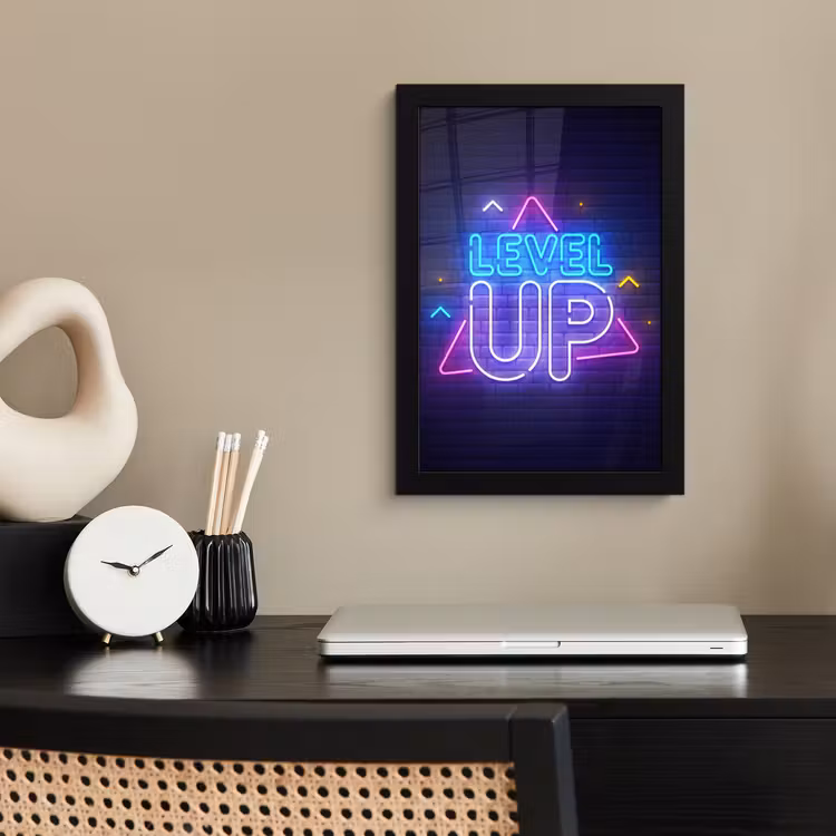 Gaming - Neon - Level Up - Quotes - Gamen fotolijst zwart zonder passe partout klein -sfeer1