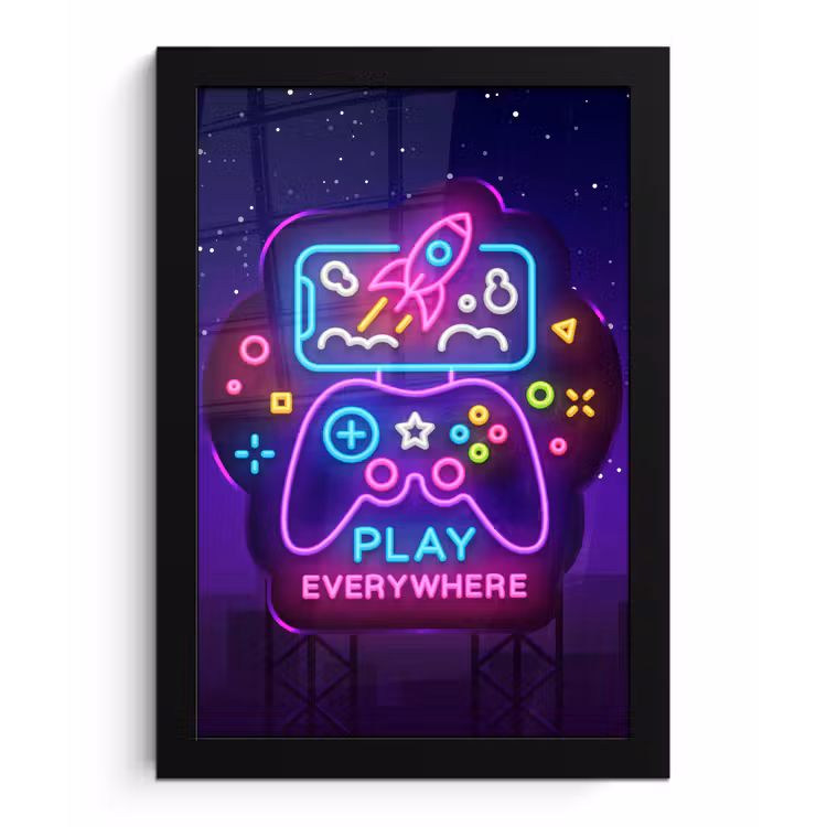 Gaming - Neon - Play - Blauw - Nacht - Controller fotolijst zwart zonder passe partout klein -3d