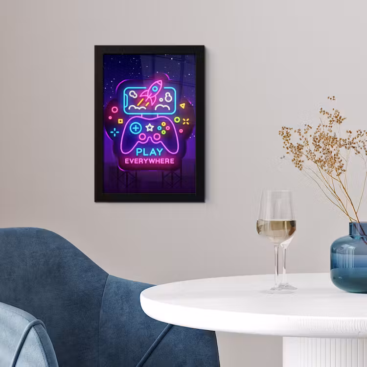 Gaming - Neon - Play - Blauw - Nacht - Controller fotolijst zwart zonder passe partout klein -sfeer4