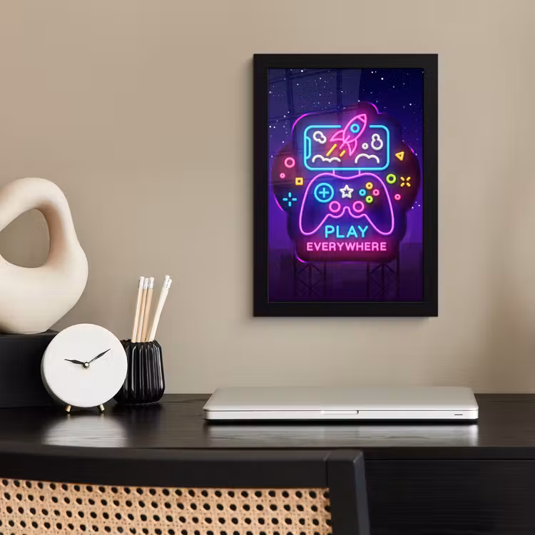 Gaming - Neon - Play - Blauw - Nacht - Controller fotolijst zwart zonder passe partout klein -sfeer1