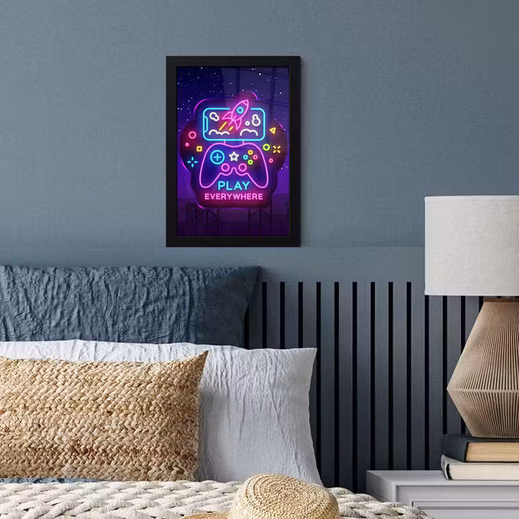 Gaming - Neon - Play - Blauw - Nacht - Controller fotolijst zwart zonder passe partout klein -sfeer3