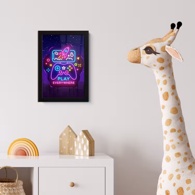 Gaming - Neon - Play - Blauw - Nacht - Controller fotolijst zwart zonder passe partout klein -usfeer4_kinderkamer