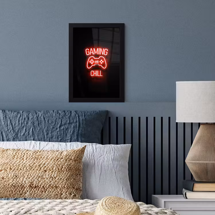 Gaming - Quotes - Gaming and chill - Neon - Rood fotolijst zwart zonder passe partout klein -sfeer3