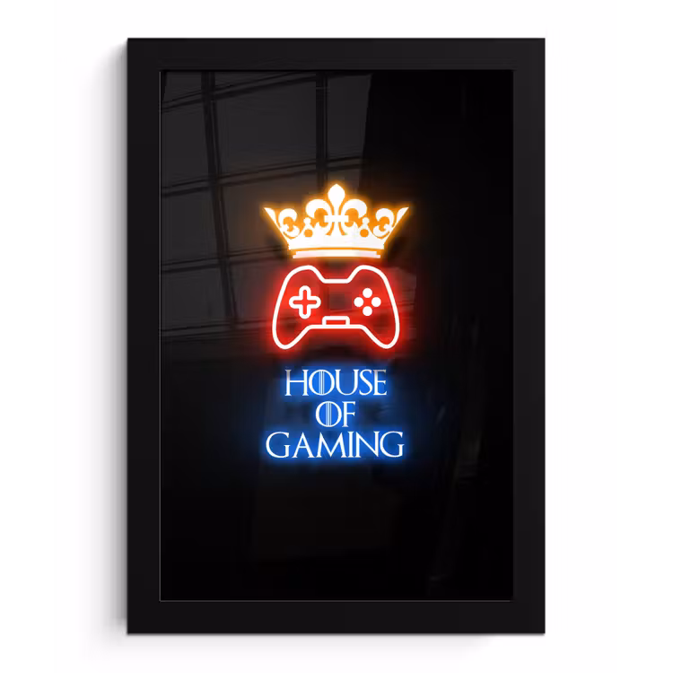 Gaming quotes - Neon - House of gaming - Kroon - Tekst fotolijst zwart zonder passe partout klein -3d