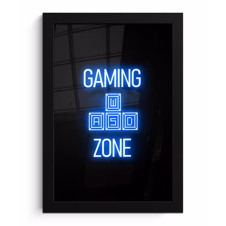 Gaming - Tekst - Gaming zone - Neon - Blauw fotolijst zwart zonder passe partout klein -3d