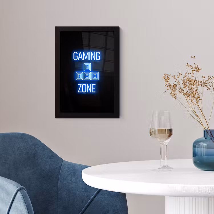 Gaming - Tekst - Gaming zone - Neon - Blauw fotolijst zwart zonder passe partout klein -sfeer4