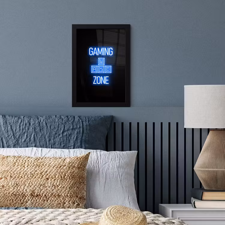 Gaming - Tekst - Gaming zone - Neon - Blauw fotolijst zwart zonder passe partout klein -sfeer3