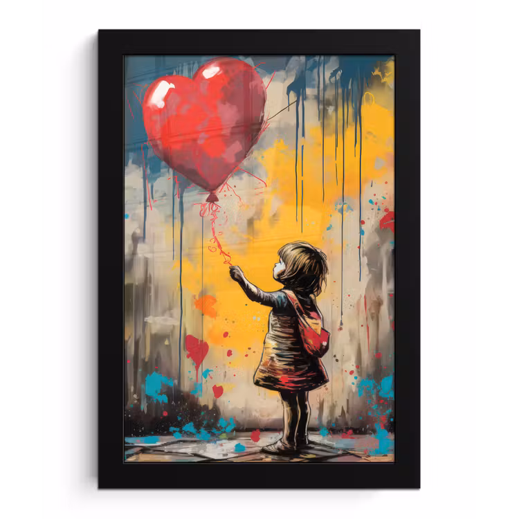 Meisje - Ballon - Hart - Graffiti fotolijst zwart zonder passe partout klein -3d
