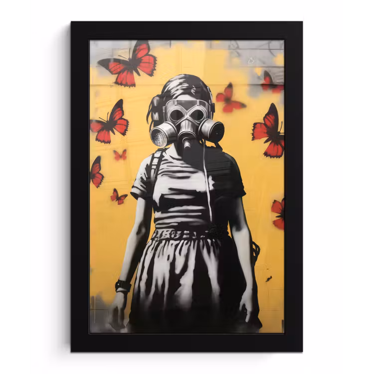 Meisje - Gasmasker - Vlinders - Graffiti fotolijst zwart zonder passe partout klein -3d