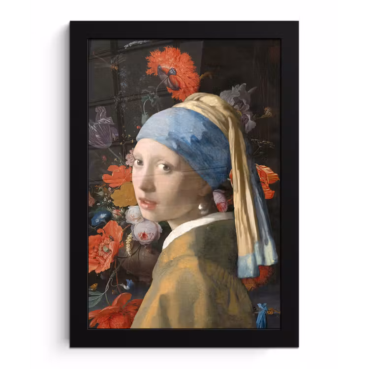 Meisje met de parel - Johannes Vermeer - Bloemen fotolijst zwart zonder passe partout klein -3d